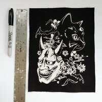 Hannya Mask & Black Cat with Bats and Sakura Japanese Goth Sew-on Patches - Thumbnail 1