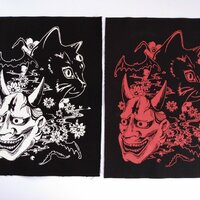 Hannya Mask & Black Cat with Bats and Sakura Japanese Goth Sew-on Patches - Thumbnail 2