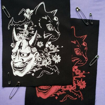 Hannya mask & black cat with bats and sakura japanese goth sew-on patches - Thumbnail 4