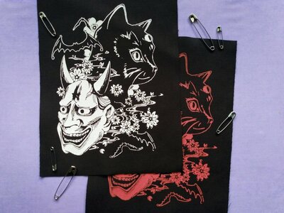 Hannya Mask & Black Cat with Bats and Sakura Japanese Goth Sew-on Patches