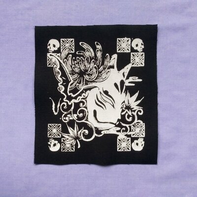 Fox mask with chrysanthemum, bats & skulls japanese goth punk patch
