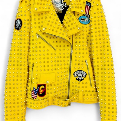 Crafted leather new handmade men's punk style yellow studded adorable leather jacket