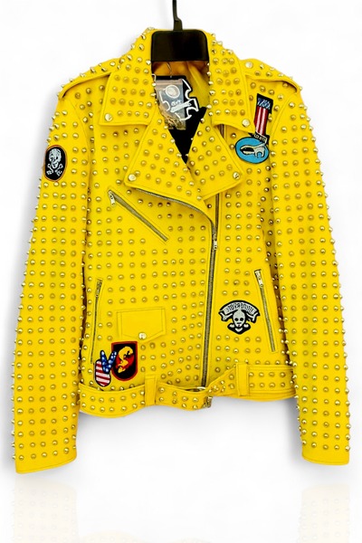 Crafted Leather New Handmade Men's Punk Style Yellow Studded Adorable Leather Jacket