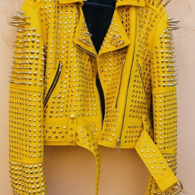 Crafted leather new classic awesome handmade women's yellow color studded brando metal spiked leather round studs jacket