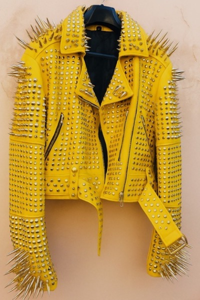 Crafted Leather New Classic Awesome Handmade Women's Yellow Color Studded Brando Metal Spiked Leather Round Studs Jacket