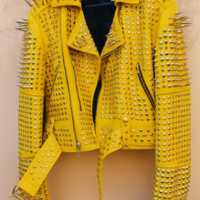 Crafted Leather New Classic Awesome Handmade Women's Yellow Color Studded Brando Metal Spiked Leather Round Studs Jacket - Thumbnail 1