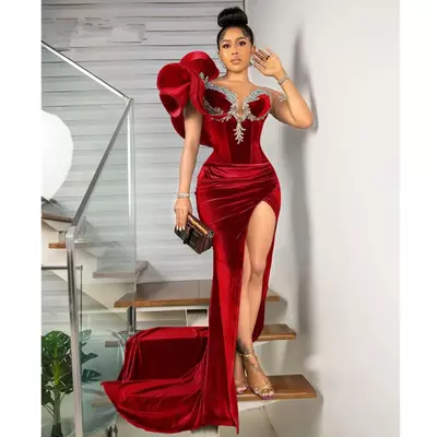 Red velvet mermaid evening dresses with sheer neck ruffles cap sleeves beaded side split prom dress custom made dinner birthday gown