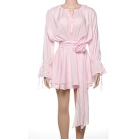 Solid color sexy round neck lace-up flower decoration trumpet sleeve hip dress - Thumbnail 1
