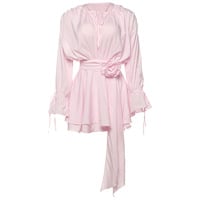 Solid color sexy round neck lace-up flower decoration trumpet sleeve hip dress - Thumbnail 3