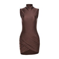 Temperament high collar solid color pleated hip dress - Thumbnail 1