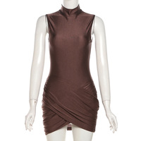 Temperament high collar solid color pleated hip dress - Thumbnail 2