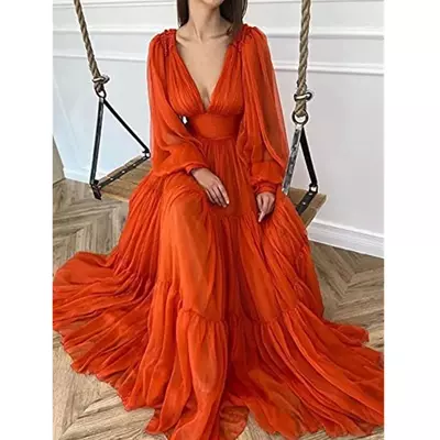 Puffy sleeves chiffon prom dresses chic v neck sexy backless evening dresses party gowns 