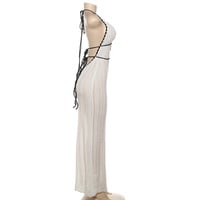 Fashionable contrast color V-neck halter neck lace-up backless knitted dress - Thumbnail 5