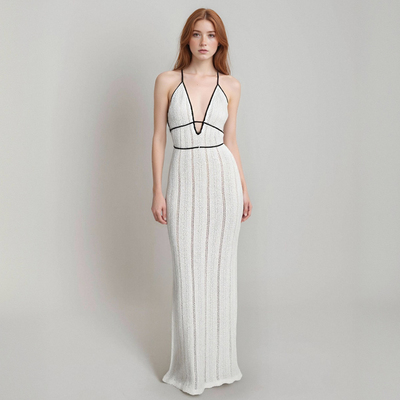 Fashionable contrast color V-neck halter neck lace-up backless knitted dress