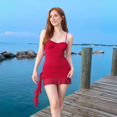 Sexy mesh irregular ribbon slim backless suspender dress