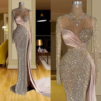 Sparkly sexy mermaid prom dresses crystal beaded high neck long sleeve side split evening gowns women arabic junior bridesmaid dresses