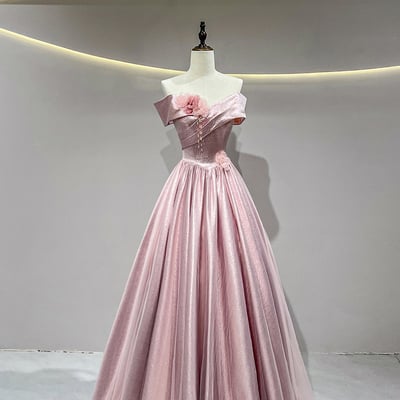 Pink satin long a-line prom party dress - Thumbnail 1