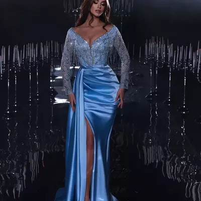 Satin blue beads evening dress v neck long sleeve crystal beading mermaid prom dresses side split special occasion robe gowns