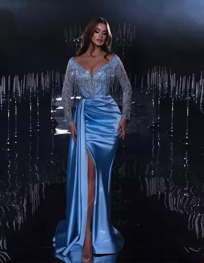 Satin Blue Beads Evening Dress V Neck Long Sleeve Crystal Beading Mermaid Prom Dresses Side Split Special Occasion Robe Gowns