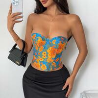 Retro jacquard oil painting color fishbone slim vest lace-up bra - Thumbnail 2