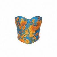 Retro jacquard oil painting color fishbone slim vest lace-up bra - Thumbnail 4