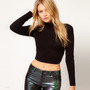 Long Sleeve Pop Collar Crop Top - Thumbnail 2