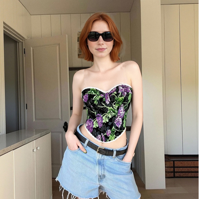 Retro flower print wrap chest lace lace French niche fishbone small vest