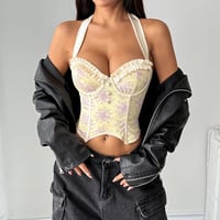 Sexy ruffled printed backless halter neck steel ring fishbone vest - Thumbnail 2