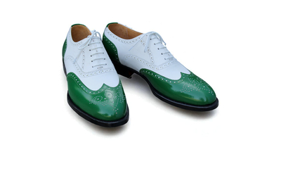 Crafted Leather Classic Green White Leather Wingtip Oxford Lace up Dress Shoes