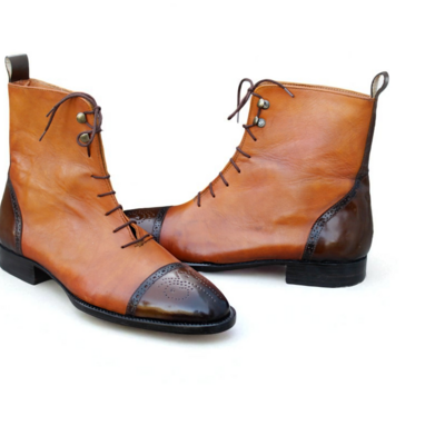 Crafted leather handmade tan dark brown leather ankle high lace up boot