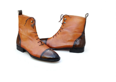 Crafted Leather Handmade Tan Dark Brown Leather Ankle High Lace up Boot