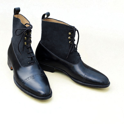 Crafted leather bespoke men black calf and black suede ankle high lace up boot - Thumbnail 1