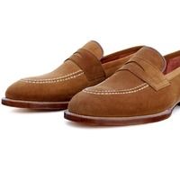 Crafted Leather Classic Brown Suede Leather Moccasin Loafers Dress Shoes - Thumbnail 1