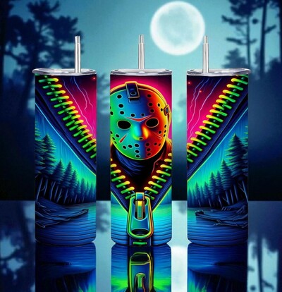 Friday the 13th Movie | Neon Cyber-Horror Jason Tumbler | 20oz Skinny Stainless Steel Travel Mug