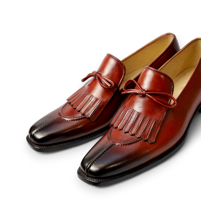 Crafted leather classic brown leather fringes tassel loafers dress shoes - Thumbnail 1