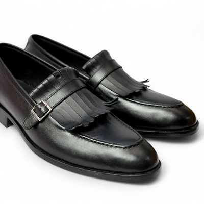 Crafted leather classic black leather fringes monk strap dress shoes