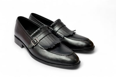 Crafted Leather Classic Black Leather Fringes Monk Strap Dress Shoes