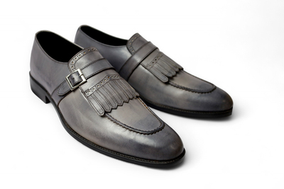 Crafted Leather Classic Gray Leather Fringes Monk Strap Dress Shoes