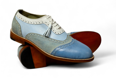 Handmade Men Classic Blue Leather Gray Suede Oxford Dress Shoes Made By Crafted Leather