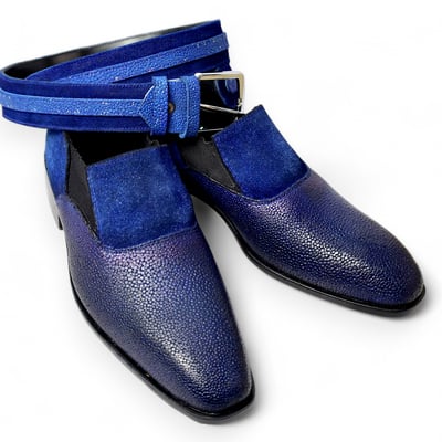 Crafted leather classic and luxury handmade blue stingray with half blue suede dress shoes with matching belt - Thumbnail 4