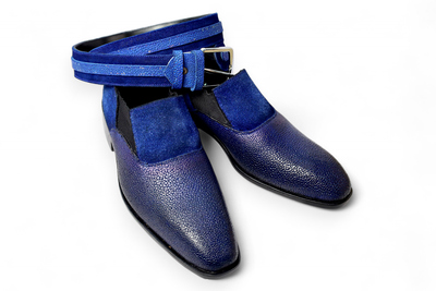 Crafted Leather Classic and Luxury Handmade Blue Stingray with Half Blue Suede Dress Shoes with Matching Belt