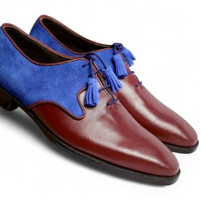 Crafted leather classic men brown leather blue suede leather oxford lace up dress shoes - Thumbnail 2