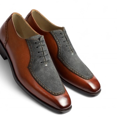 Crafted leather classic brown calf gray suede leather oxford lace up dress shoes - Thumbnail 5