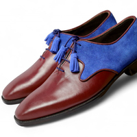 Crafted Leather Classic Men Brown Leather Blue Suede Leather Oxford Lace up Dress Shoes - Thumbnail 1