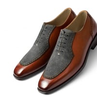 Crafted Leather Classic Brown Calf Gray Suede Leather Oxford Lace up Dress Shoes - Thumbnail 1