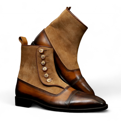 Crafted leather classic men brown patina and brown suede ankle high button boot