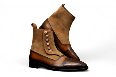 Crafted Leather Classic Men Brown Patina and Brown Suede Ankle High Button Boot