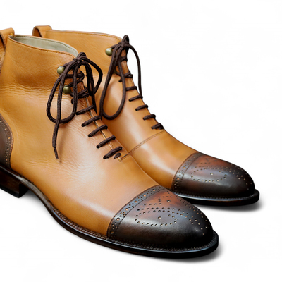 Crafted leather bespoke dress shoes tan dark brown leather ankle high lace up boot - Thumbnail 1