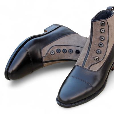 Crafted leather handmade mens black calf gray suede leather ankle high button boot