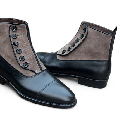 Crafted leather handmade mens black calf gray suede leather ankle high button boot